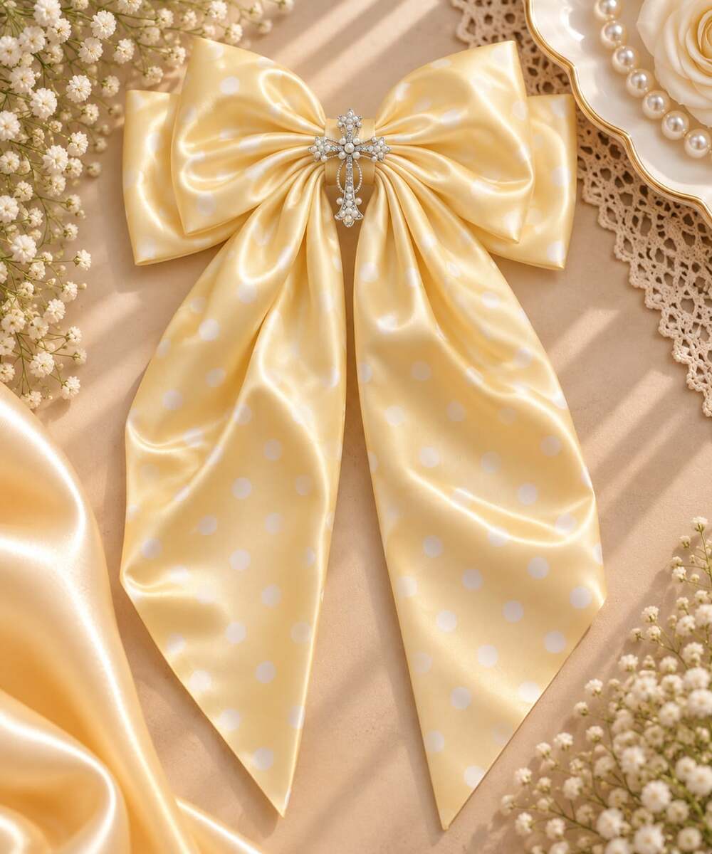 Coquette Butter Yellow Polka Dot Satin Long Tail Cross Hair Bow